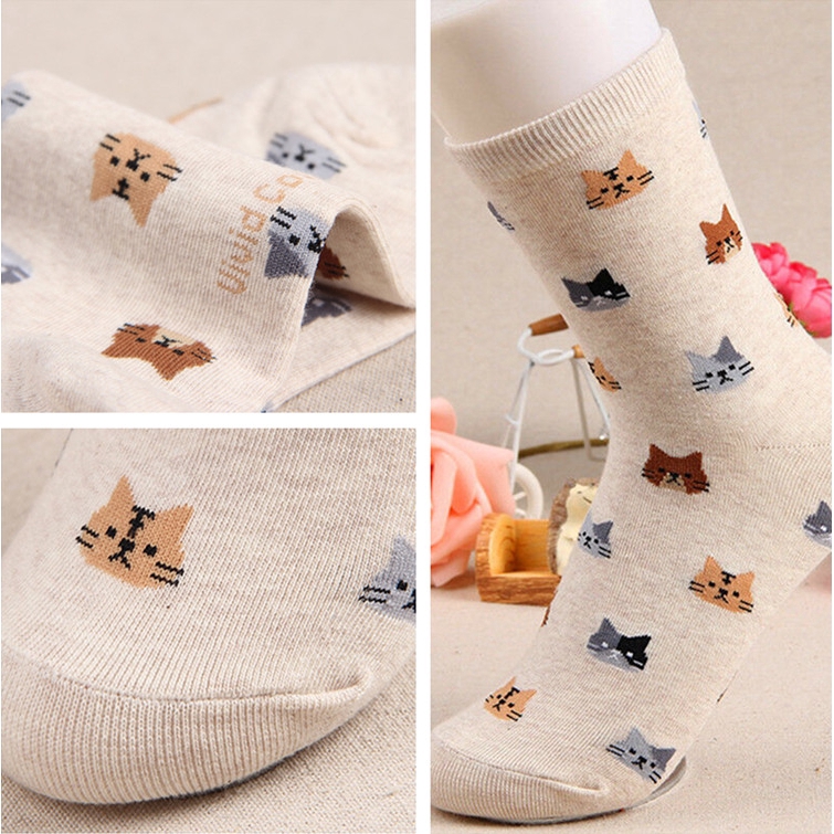 Vớ giữ ấm chất liệu mềm mại thoải mái họa tiết mèo dễ thương dành cho nữ gồm 5 màu