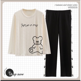 Bộ pijama bộ mặc nhà chất cotton dáng cổ tròn dễ thương cho nữ hàng dài tay thu đông 2022