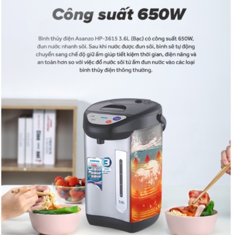 Bình thủy điện Asanzo HP-3615 , Công Suất 800W, Tự Động Đun Sôi Lại Phù Hợp Gia Đình 4 Người- Gia Dụng Linh Nhi
