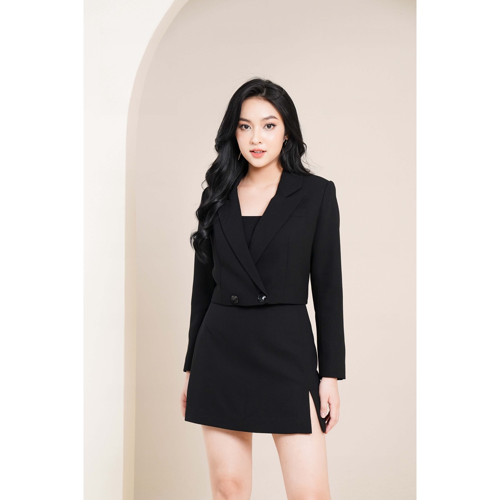 Set Vest Nữ Áo Vest Dáng Ngắn Vạt Chéo Kèm Chân Váy Xẻ Trước VENUS