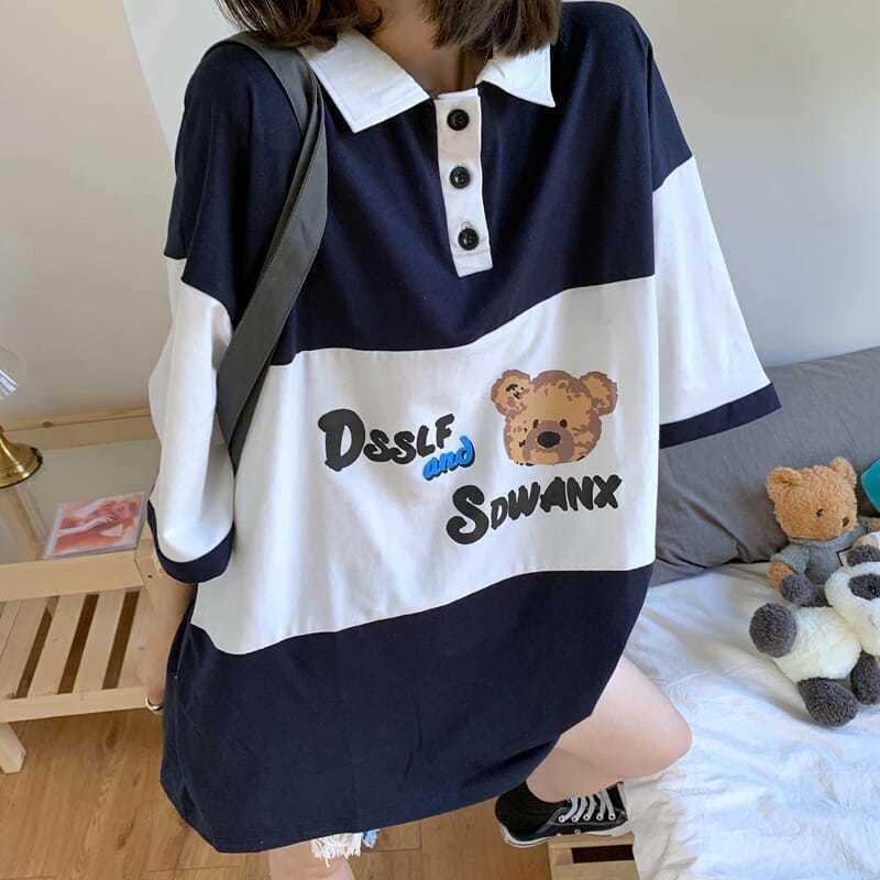 Áo Thun Polo Dáng Rộng In Hình Gấu Kiểu Nhật Bản Thời Trang Mùa Hè Cho Nữ