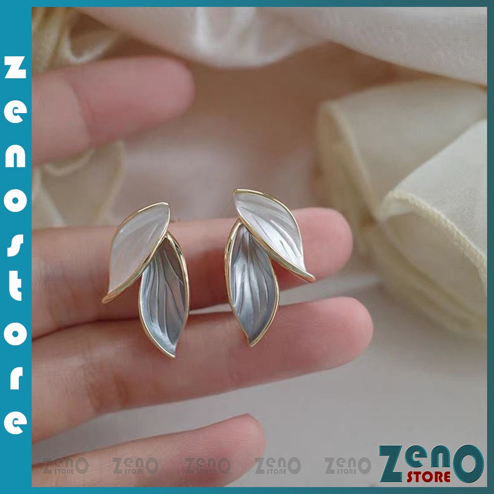 Khuyên tai ZenO KT13 chiếc lá cuối thu màu xanh trắng tương phản cực chất