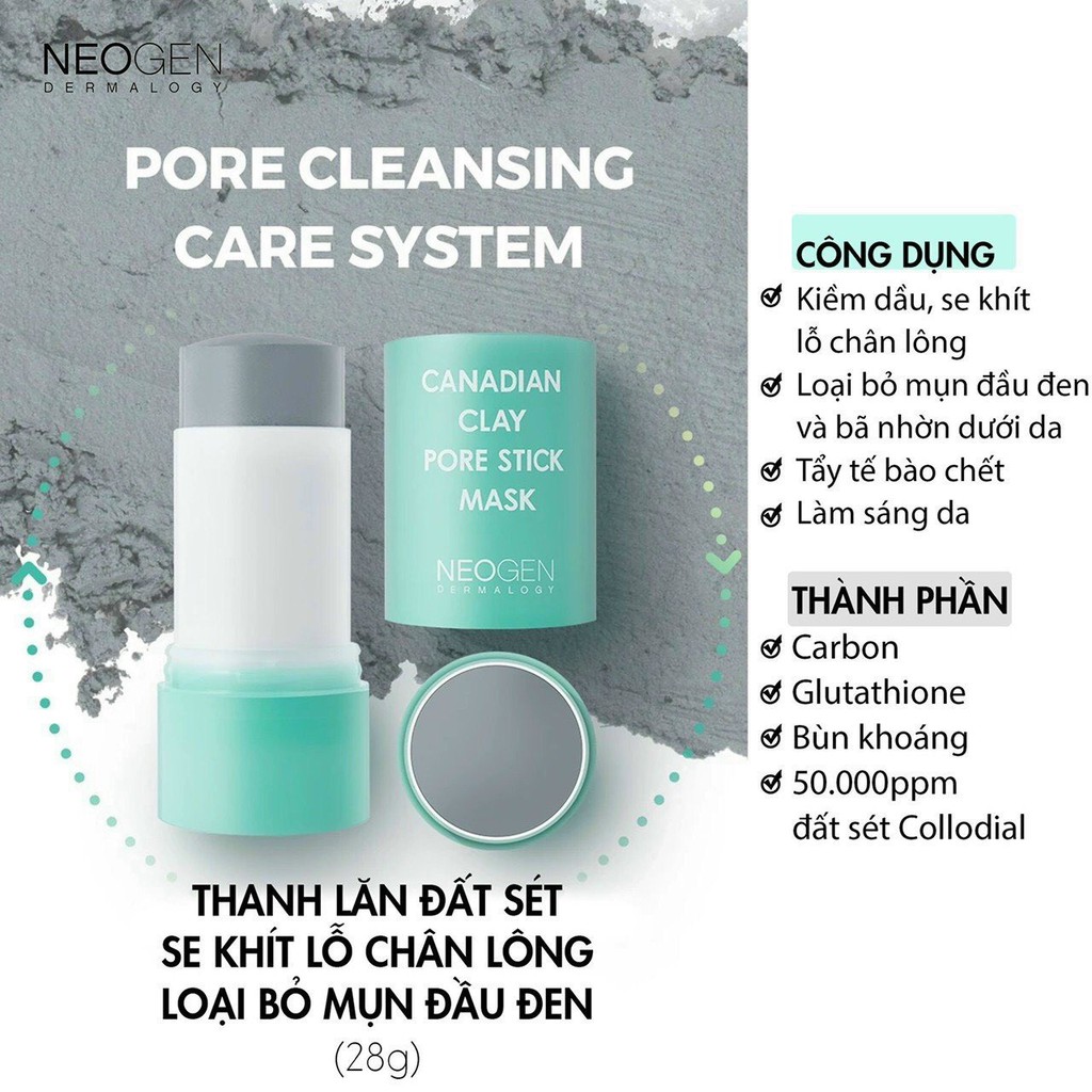 Thanh lăn đất sét giảm mụn đầu đen Neogen Canadian Clay Pore Stick Mask 28g _ Thanh lăn giảm mụn làm sạch da