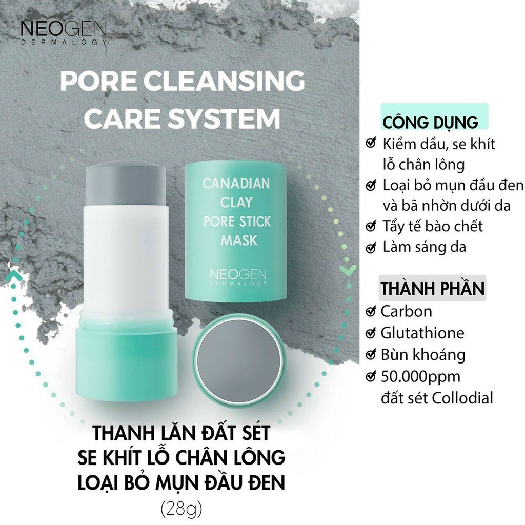 Thanh lăn đất sét giảm mụn đầu đen Neogen Canadian Clay Pore Stick Mask 28g _ Thanh lăn giảm mụn làm sạch da