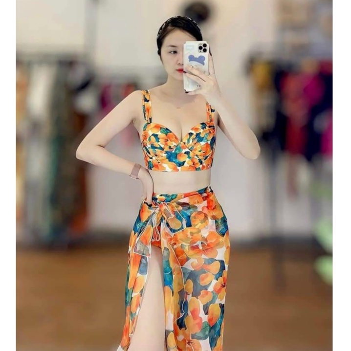 BIKINI 2 MẢNH KÈM KHĂN HỌA TIẾT HOA CAM HOT