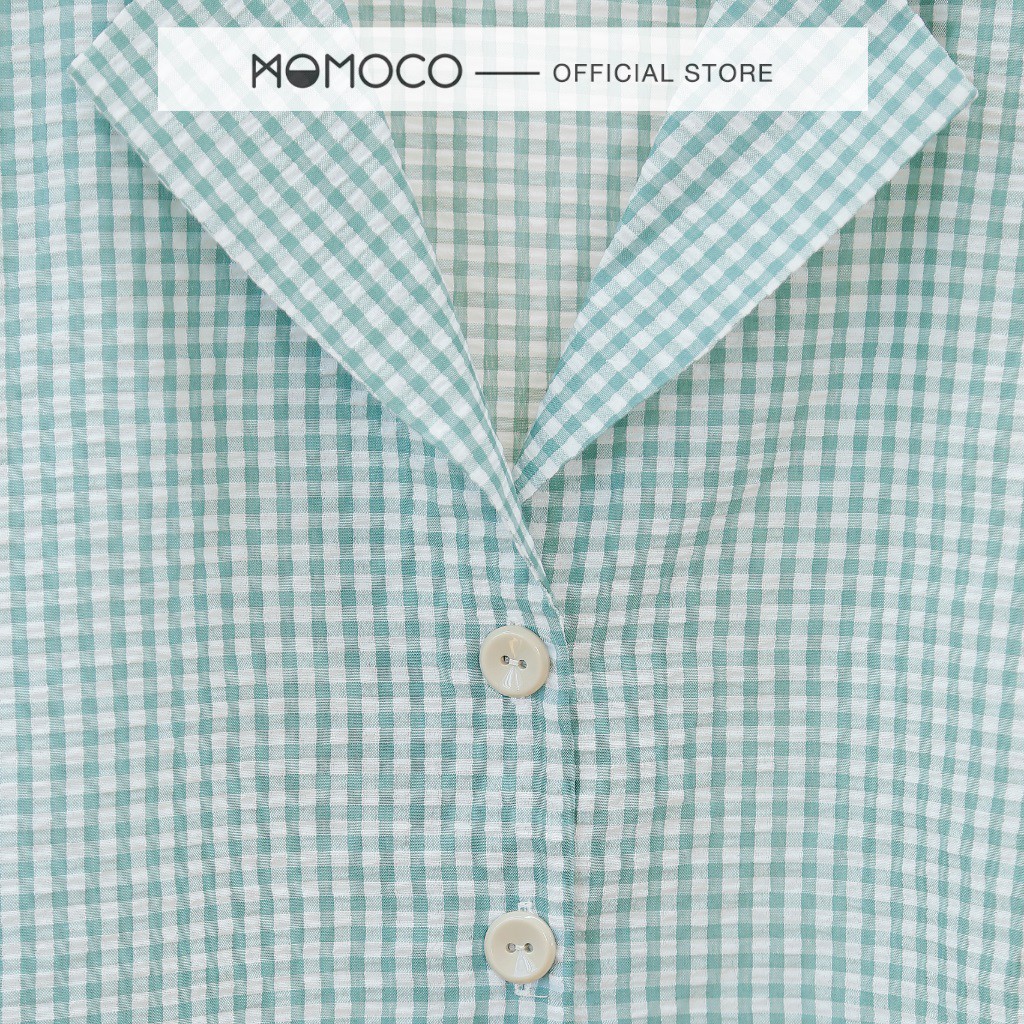Áo Croptop Cộc Tay MOMOCO Cổ Ve Họa Tiết Kẻ Caro Chất Liệu Vải Thô Nhăn M2825