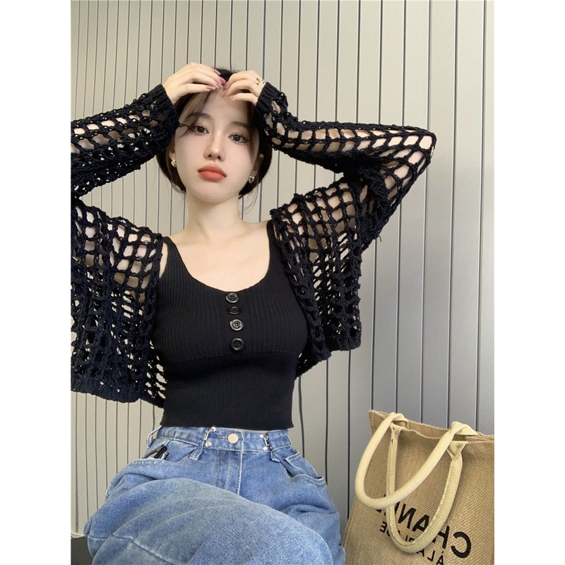 Áo Khoác Cardigan Dệt Kim Chống Nắng Dáng Rộng / Ngắn Đục Lỗ Mới Cho Bé Gái