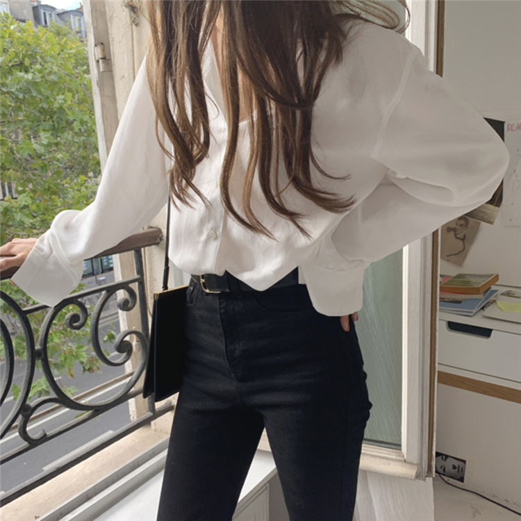 Áo sơ mi trắng / đen phong cách mùa thu cổ điển thanh lịch Fr12