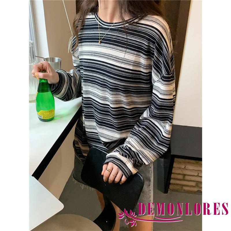 Áo thun tay dài cổ tròn họa tiết kẻ sọc thời trang mùa thu cho nữ