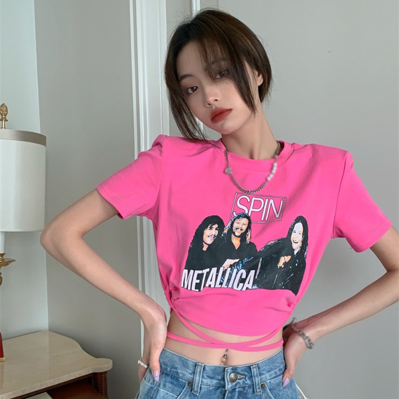 Áo Thun Croptop Cổ Tròn Tay Ngắn Dáng Ôm Cột Dây In Họa Tiết Thời Trang Hàn Quốc Cho Nữ