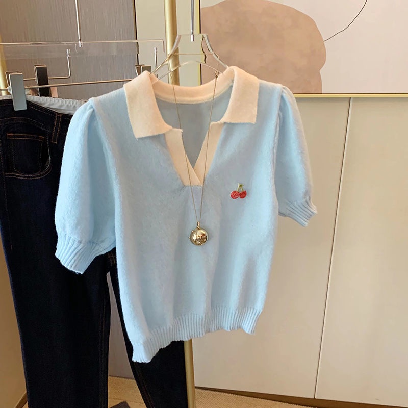 Áo Thun Dệt Kim Mỏng Ngắn Tay In Hình Quả Anh Đào Màu Xanh Dương Thời Trang Mùa Hè