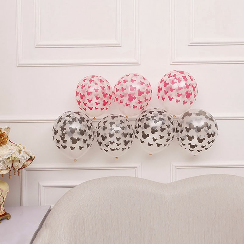 Set 10 bong bóng cao su hình đầu chuột mickey minnie màu đen đỏ trang trí tiệc sinh nhật cho bé