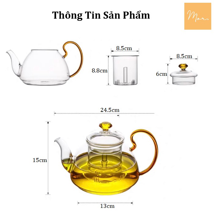 Ấm trà thủy tinh quai vàng cao cấp - 1100ml