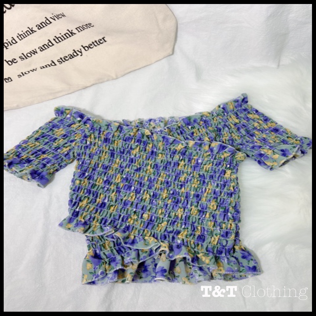 Áo croptop hoa nhún tay ngắn đắp chéo | Áo kiểu nữ Châu Âu 💃By 23t.shop | BigBuy360 - bigbuy360.vn