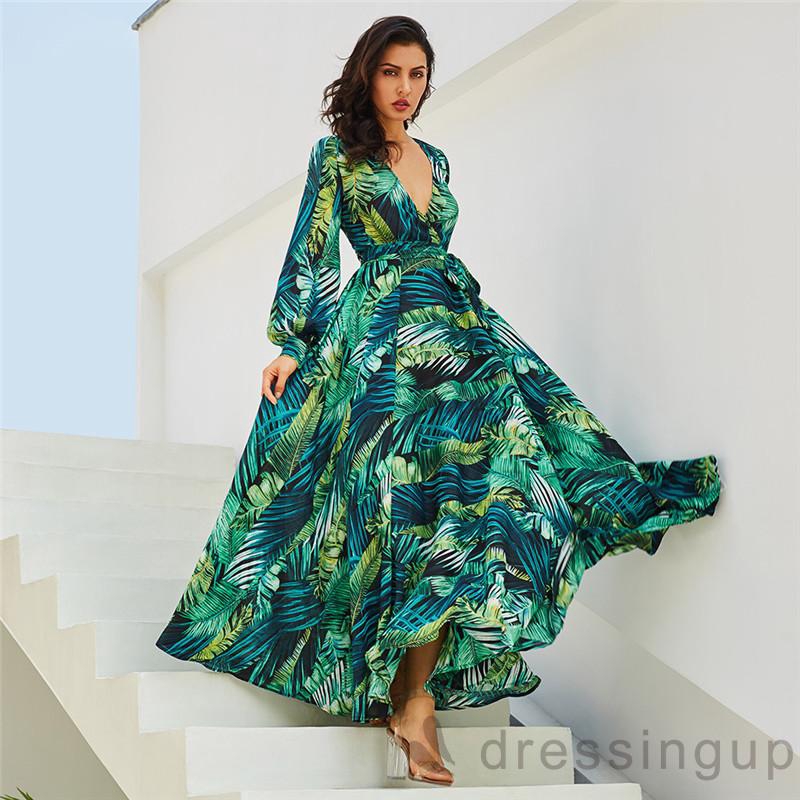 Đầm dáng dài cổ chữ V họa tiết hoa xinh xắn thời trang cho nữ