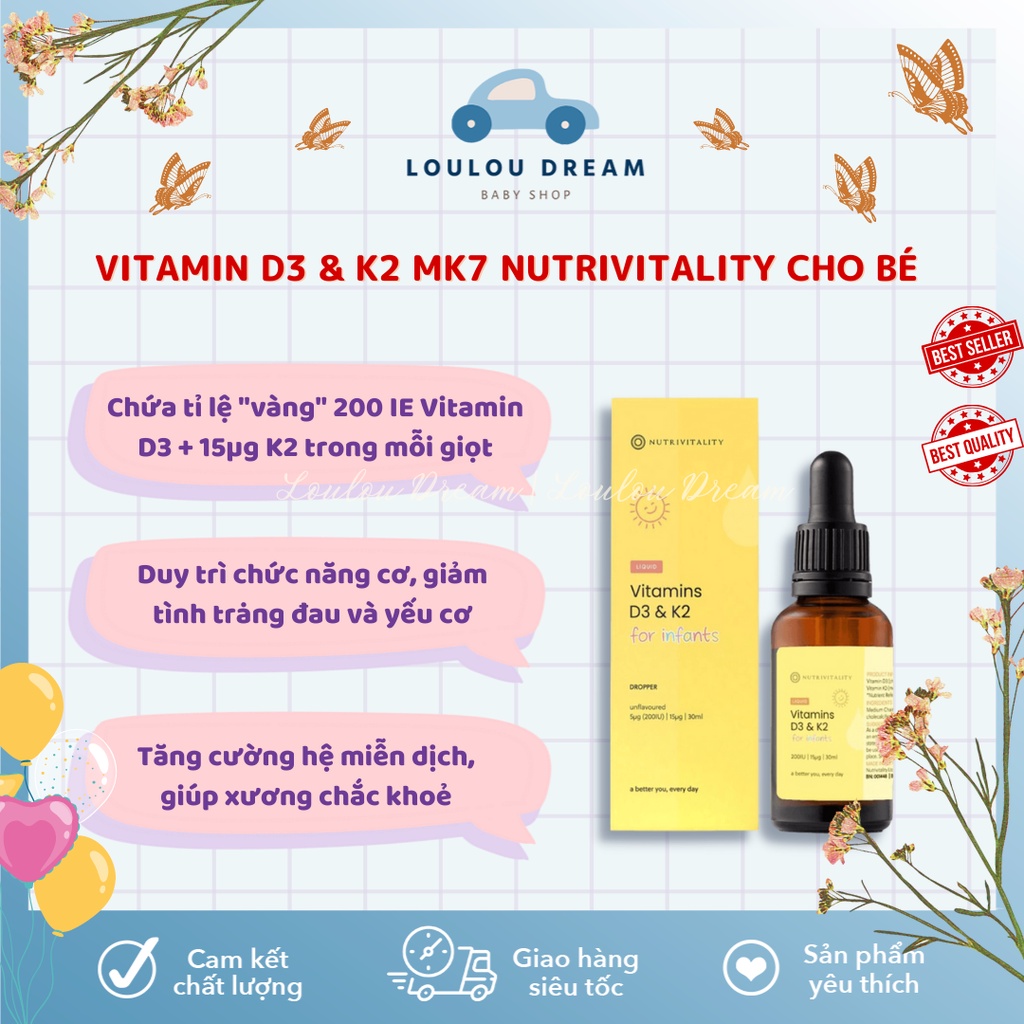 Vitamin Nutrivitality bổ sung D3 & K2 MK7 dành cho bé nội địa Anh Quốc - 30ml