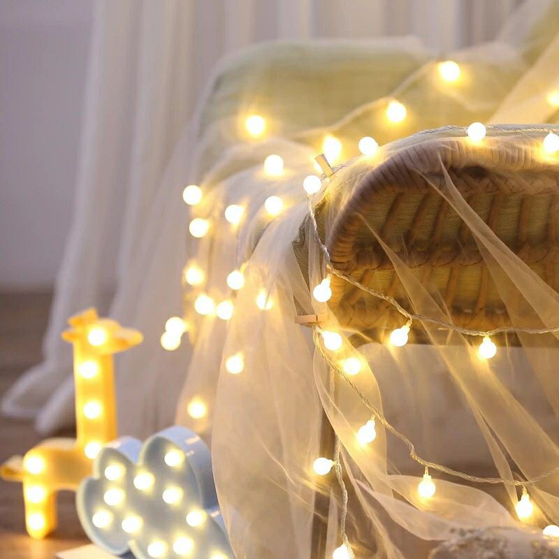 Dây Đèn Led Trang Trí Cherry Ball 10M 100 Bóng Tròn 2cm Hộp Chỉnh 5 Chế Độ Chớp Cắm Điện Có Phích Nối Dài Dây