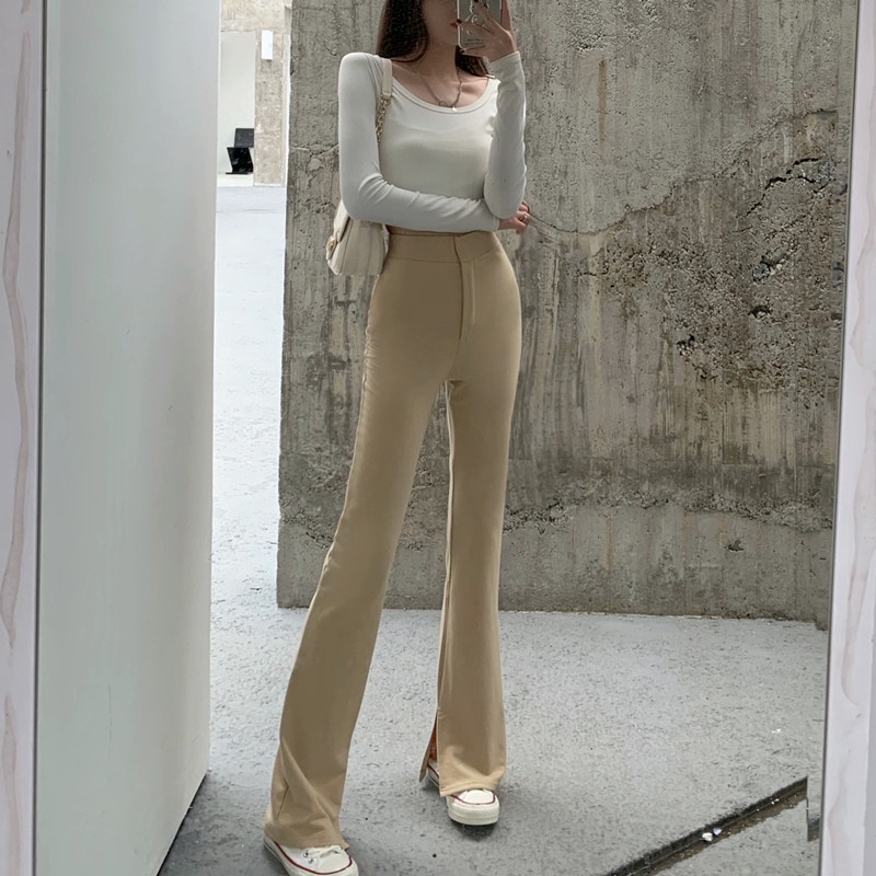 Quần dài sát đất ống thẳng xẻ tà lưng cao dáng rộng thời trang thu đông dành cho bạn nữ