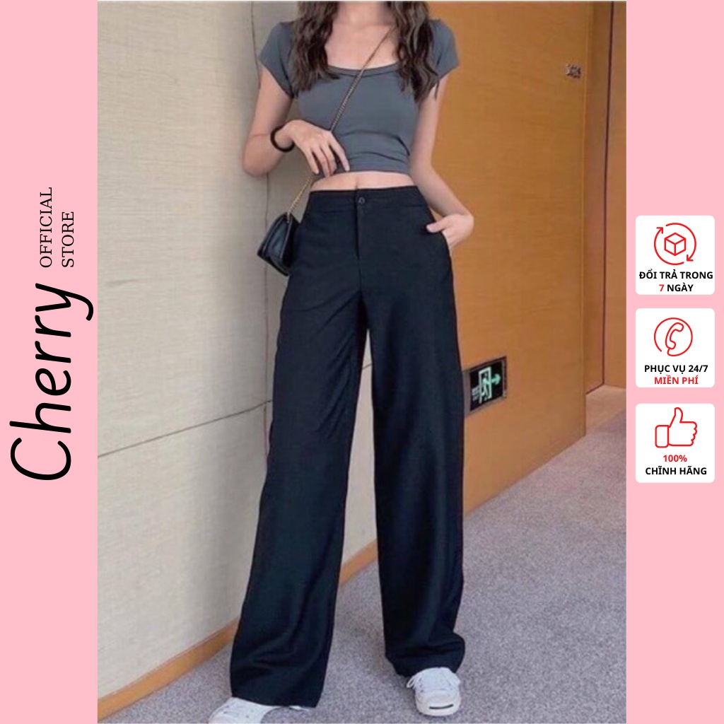 ▼▣Quần ống rộng lưng cao chất vải tuyết mưa khóa trước CHERRY suông nữ đẹp T004