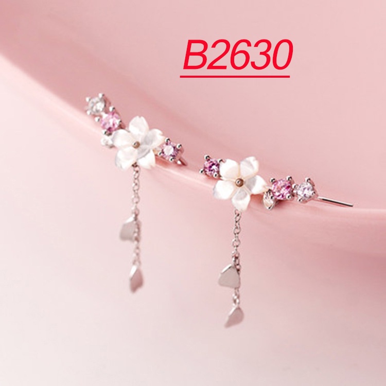 Khuyên tai nữ dáng dài bạc ý s925  hình bông hoa 5 cánh đính đá sang trọng - B2630 - Bảo ngọc Jewelry