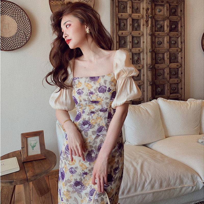 Đầm chữ A tay phồng dáng ôm in hoa thời trang cổ điển cho nữ