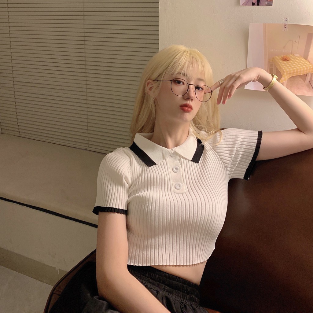 Áo dệt kim tay ngắn cổ polo phối màu tương phản phong cách Hàn Quốc xinh xắn cho nữ