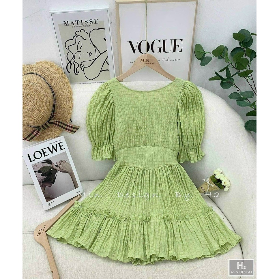 Đầm tay phồng mooking ba màu nâu đen xanh có mút có lót