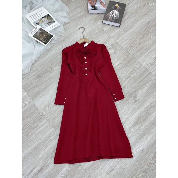 VÁY NHUNG/ĐẦM NHUNG TĂM ĐỎ DÁNG XOÈ CỔ TẦU DÚM NGỰC | BigBuy360 - bigbuy360.vn