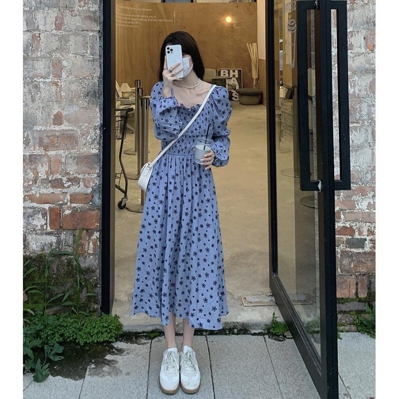 Đầm Tay Dài Cổ Vuông Nhấn Eo In Họa Tiết Hoa Nhí Xinh Xắn Kiểu Pháp Thời Trang Mùa Thu
