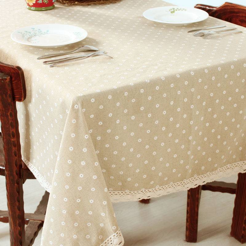 Khăn trải bàn hình chữ nhật vải cotton phối ren và tua rua họa tiết hoa cúc xinh xắn