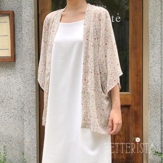 Kimono ngắn họa tiết kem hoa tím hồng