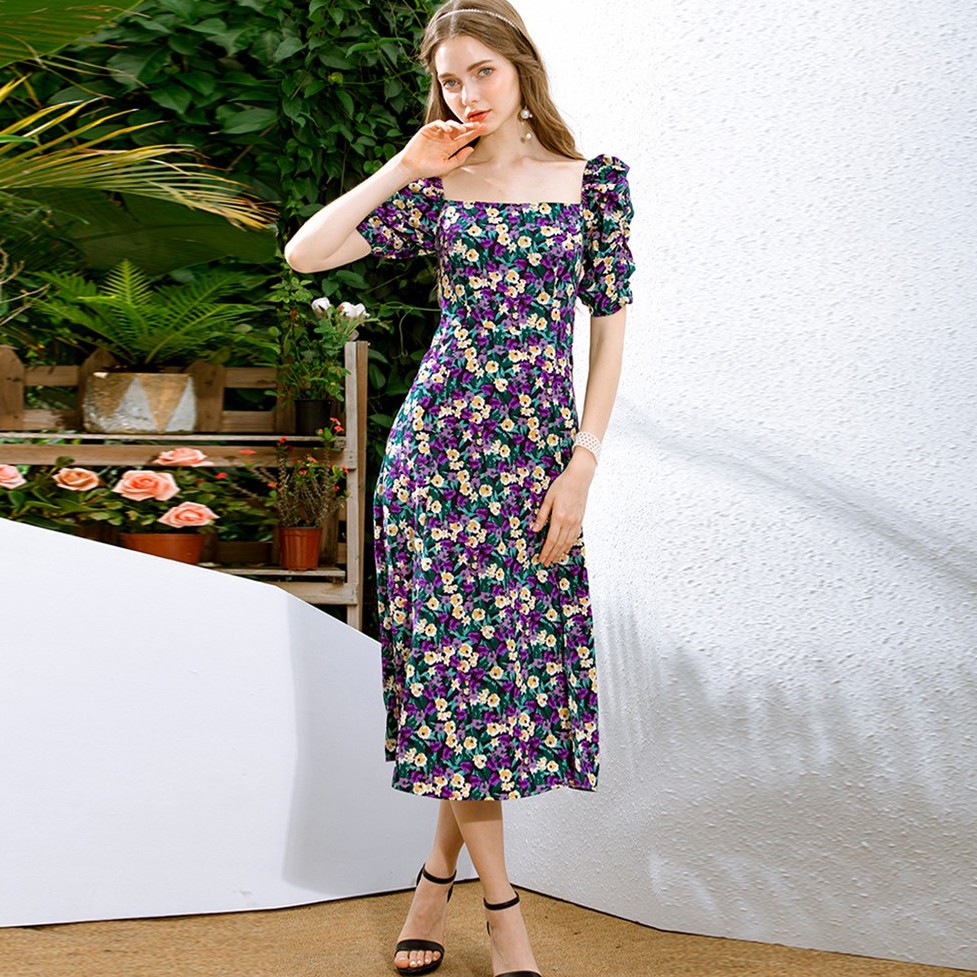 [Kèm Video SP] Váy Nữ Cao Cấp Hoa Nhí Cổ Vuông Tay Bồng Sẻ Đùi Kiểu Dáng Hiện Đại Thời Trang Sugal VAY NU 0026V3