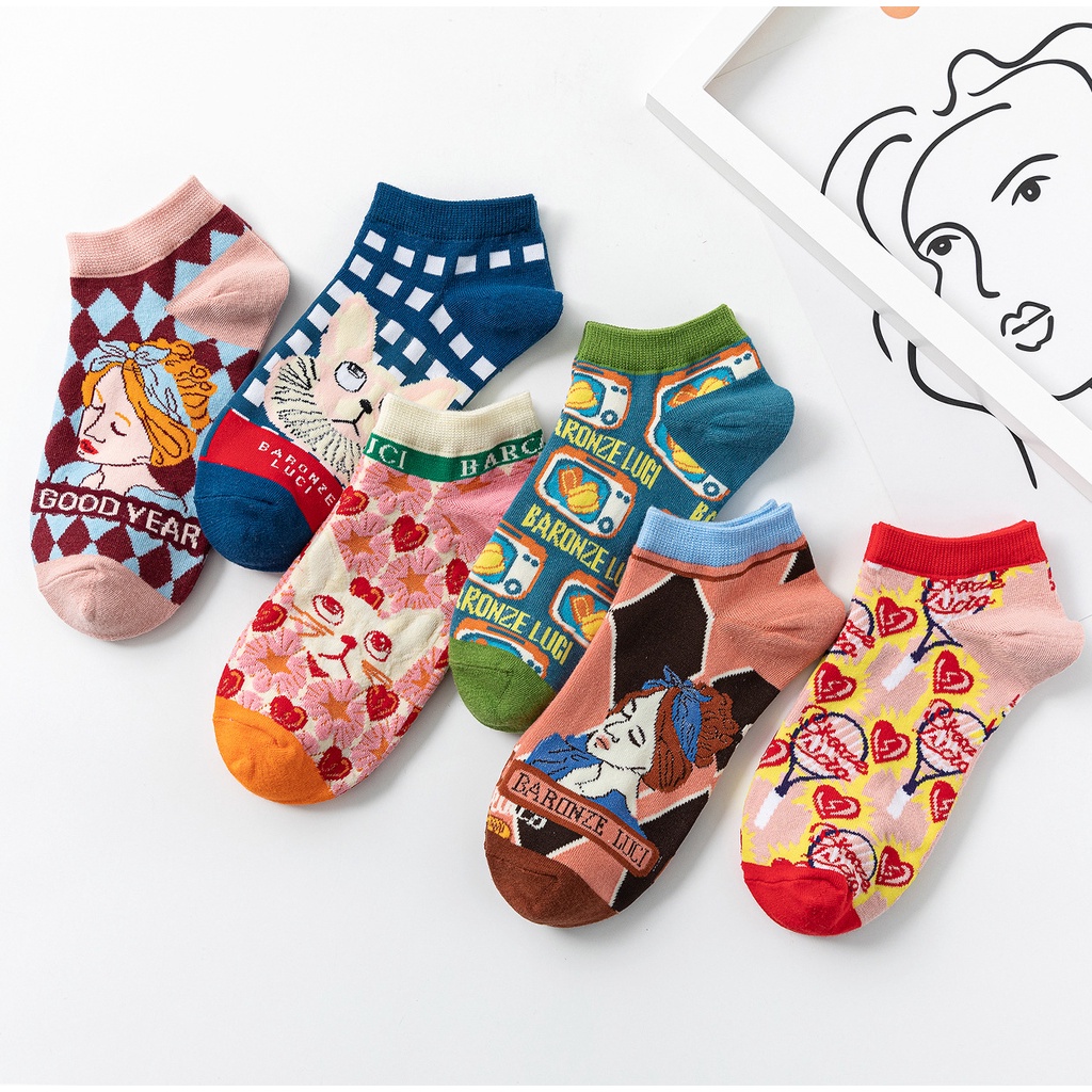 Vớ WAFNHA D237 vải cotton cổ thấp in hình mèo phong cách lolita dễ thương cho nữ