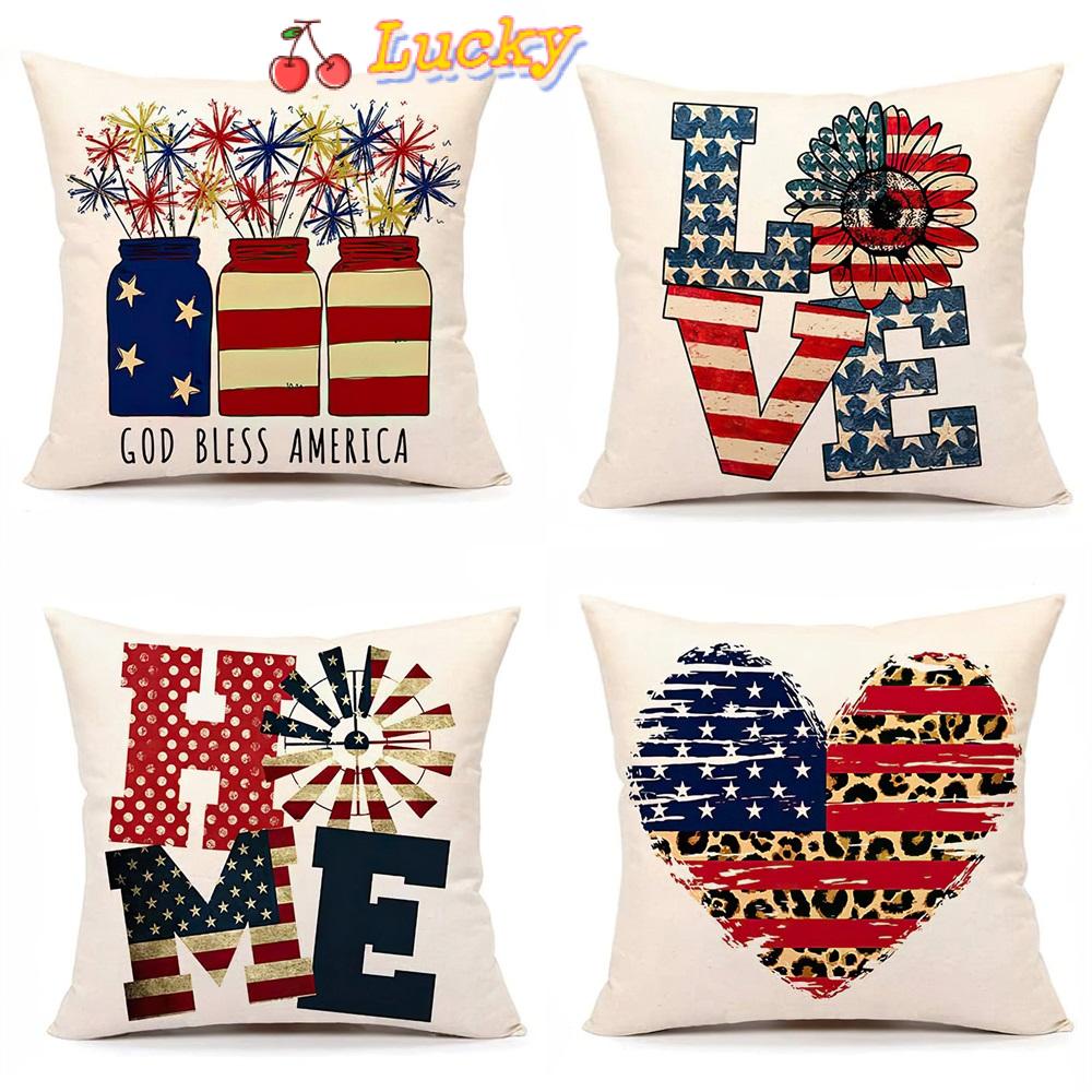 LUCKY Indoor Outdoor Throw Pillow Covers Home Decor 18 X 18 inch 4th of July Decorations for Couch/Bed/Car Linen Cushion Cover Farmhouse Fashion Independence Day Pillowcase