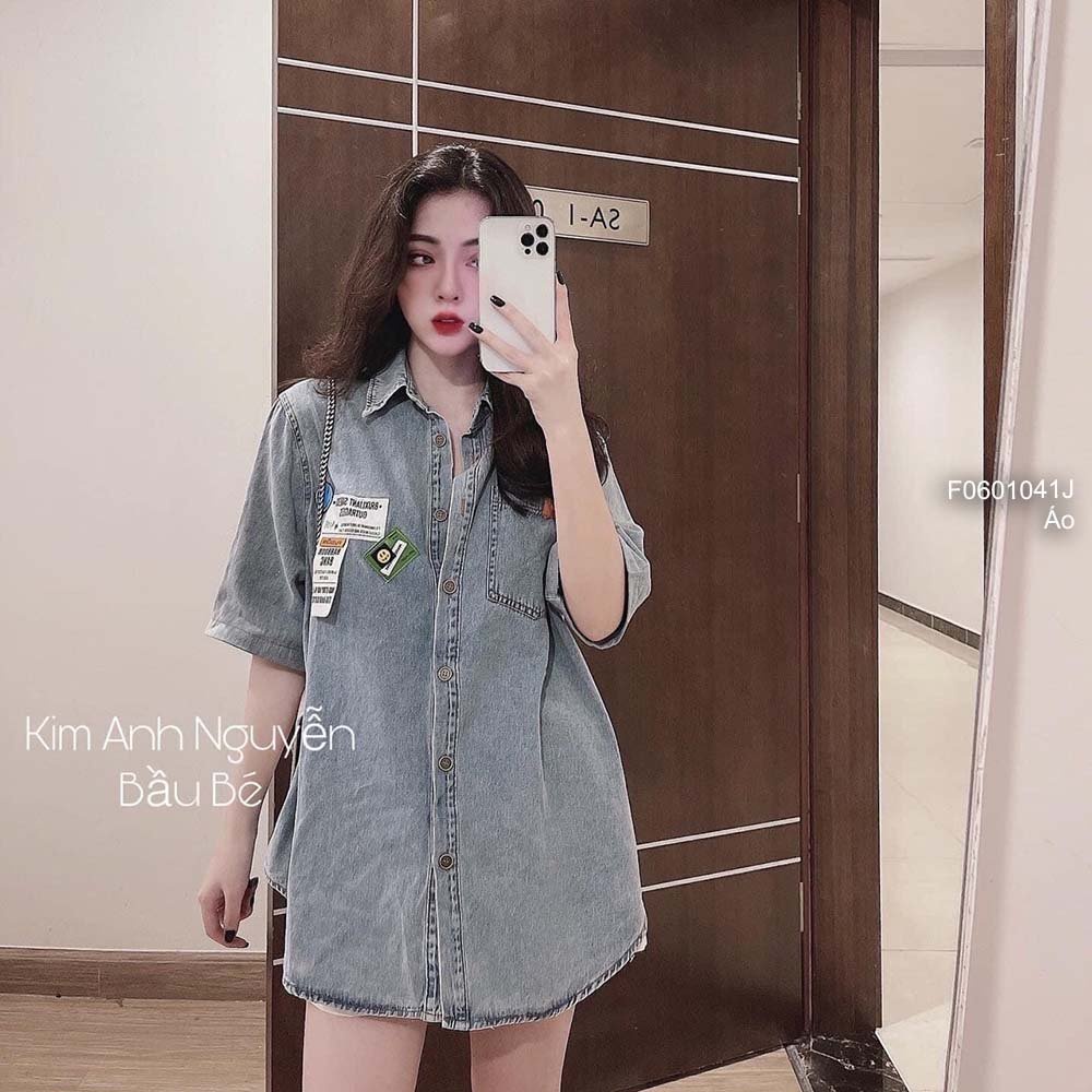 Áo sơ mi jean một túi gắn mác form rộng tay ngắn!