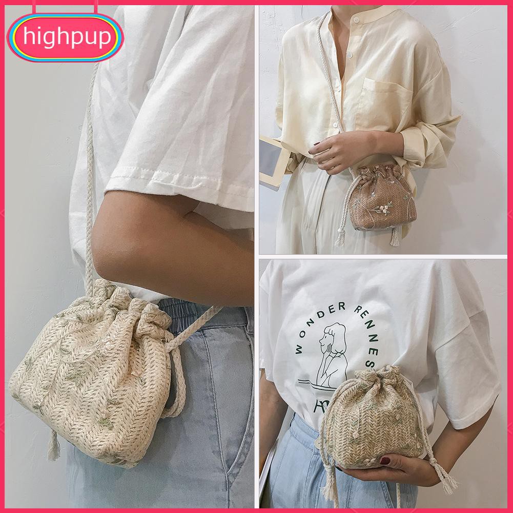 Túi đeo chéo kiểu đan dệt có dây rút thêu họa tiết hoa thời trang dành cho nữ