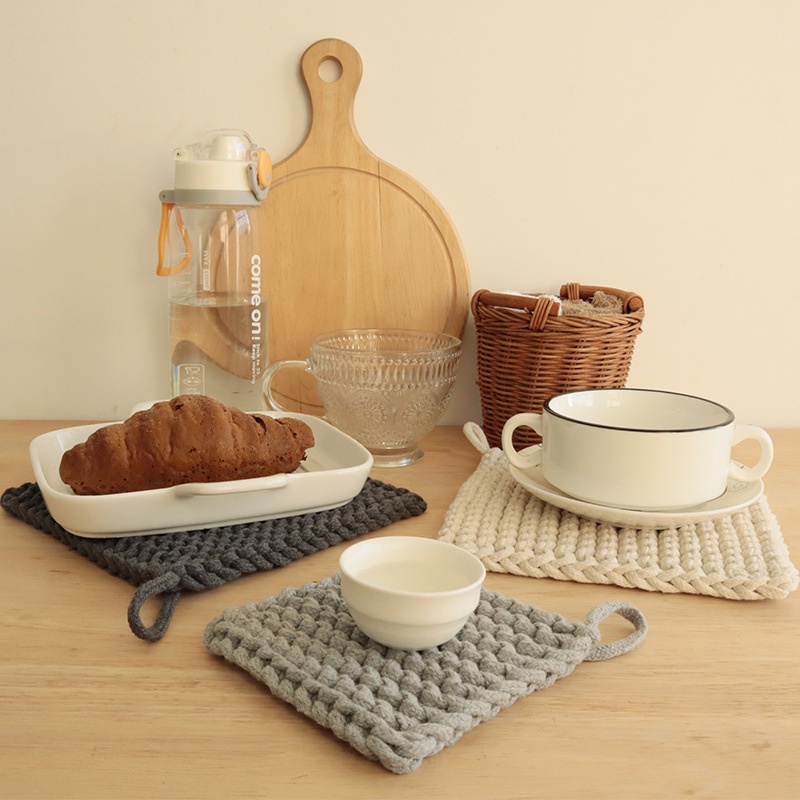 Miếng Lót Ly Bằng Dây Cotton Bện Cách Nhiệt Hình Vuông