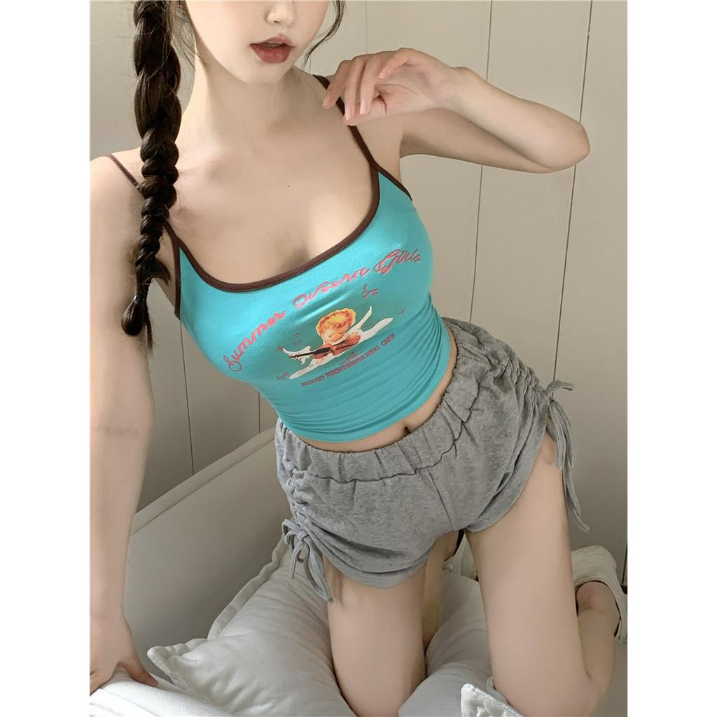 Cocory vn Áo Croptop Ôm Dáng Vừa Vặn Màu Khối In Hình Thiên Thần Thiết Kế Gợi Cảm Cho