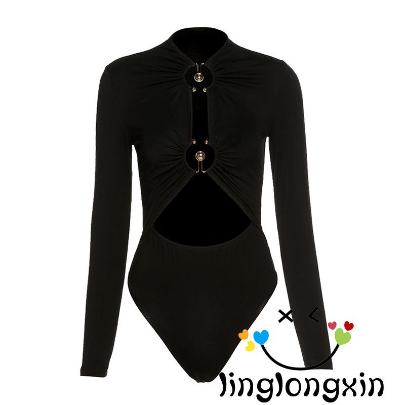 Bộ Áo Liền Quần Tay Dài Màu Trơn Có Vòng Kim Loại Màu Đen Dành Cho Nữ Linglongxi2