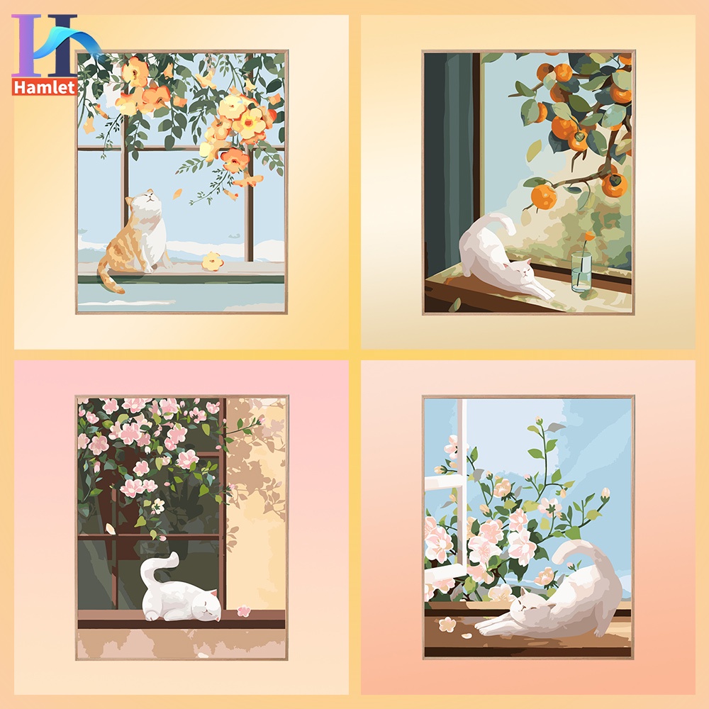 Bộ tranh sơn dầu Hamlet tô màu theo số họa tiết mèo lười trang trí nội thất cỡ 40x50cm
