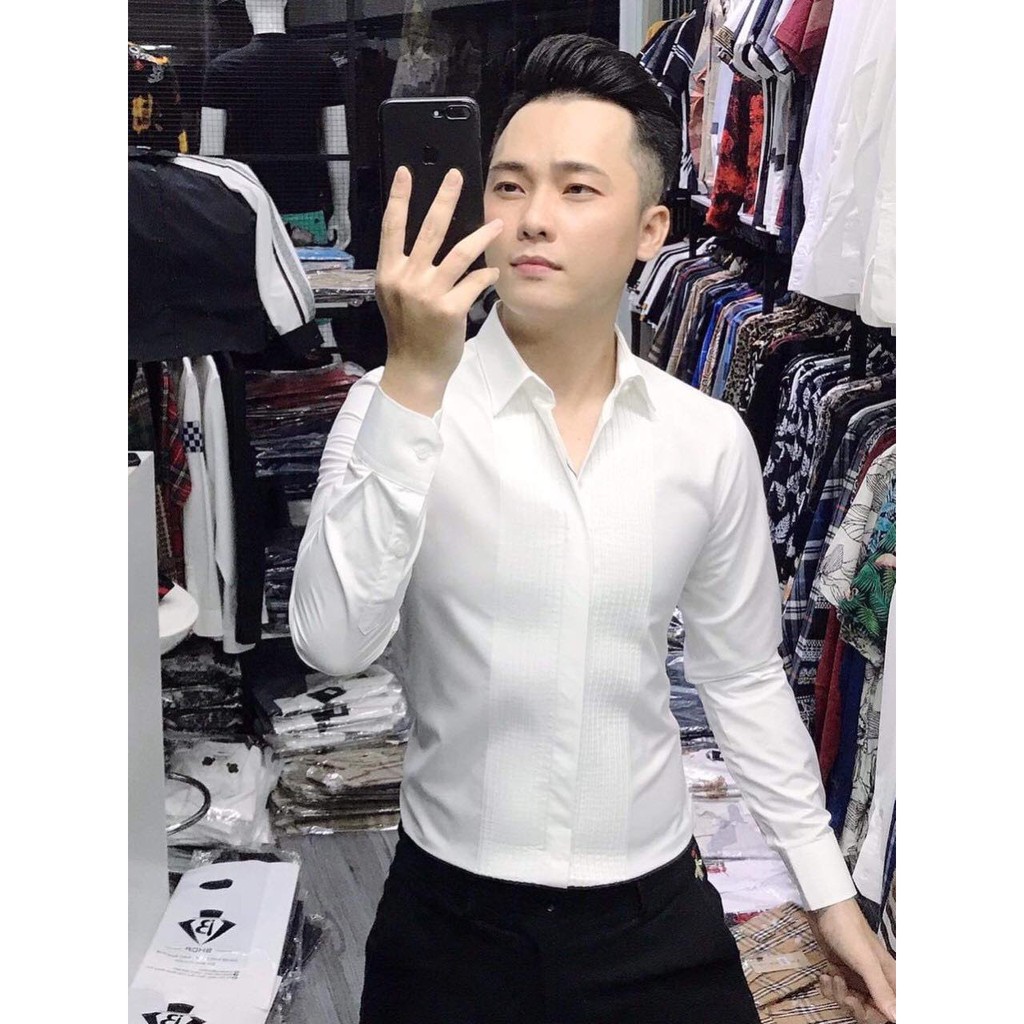 Áo Sơ Mi Nam Dài Tay Xếp Ly Ngực Vải Lụa Cao Cấp, Áo Sơ Mi Trắng Đen Trơn Dáng Ôm Form Body, T-man