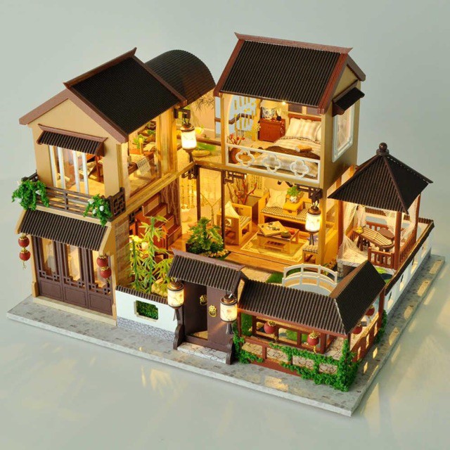 Mô hình nhà DIY Doll House A Cozy Little Courtyard Kèm Mica Chống bụi, Bộ dụng cụ, Keo dán và Bộ phát nhạc