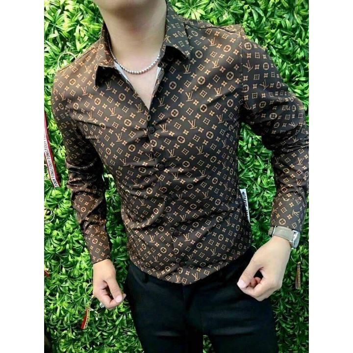 Áo sơ mi nam tay dài 22AM01-00701 họa tiết nâu chữ, thấm hút mồ hôi tốt, dáng ôm body