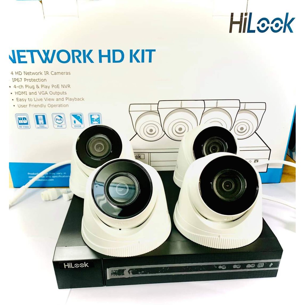 Bộ KIT camera IP POE HILOOK IK-4042TH-MH/P - Bao gồm 1 đầu thu 4 cổng POE và 4 camera Dome Poe - Hàng chính hãng