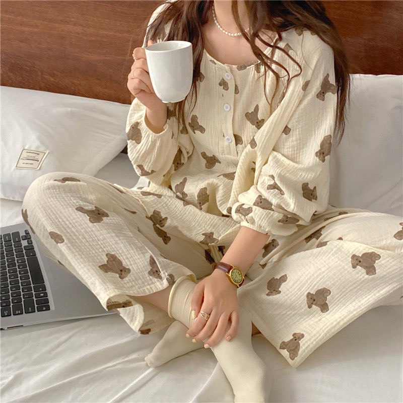 Set mặc nhà - bộ ngủ tay dài quần dài cổ tròn bo tay áo in hình gấu nâu đáng yêu, vải xốp nhẹ, mát, mặc thoải mái