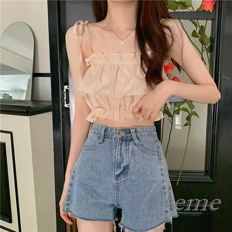 Áo Croptop Hai Dây Nhún Bèo Màu Trơn Thời Trang Mùa Hè Cho Nữ