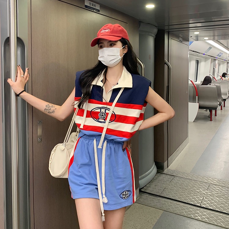 Set áo thun polo không tay + quần short màu sắc xinh xắn dành cho nữ