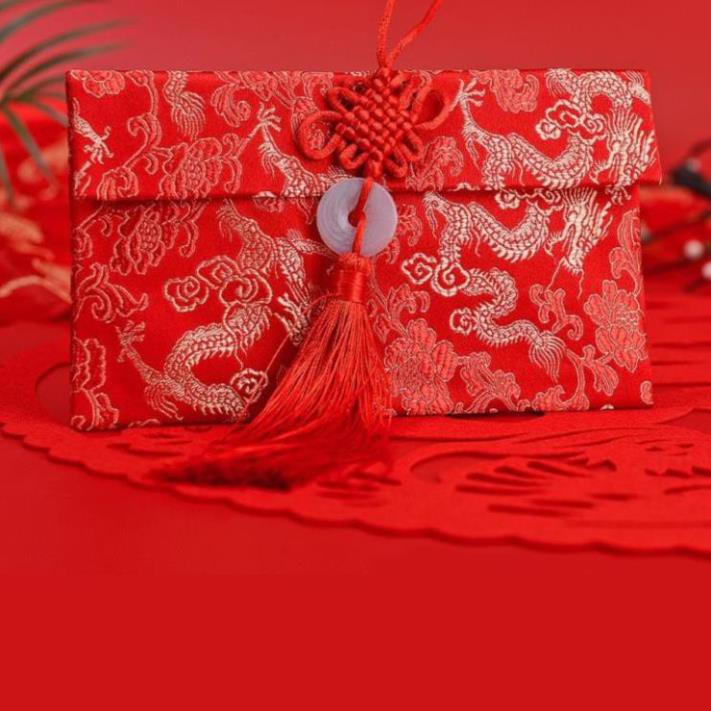Bao Lì Xì Tết Vải Gấm Cao Cấp 2023 - Bao Lì Xì Cưới Nằm Ngang Ngọc Bội - Bao Nạp Tài Mùa Cưới Vải Nhung Hình Rồng