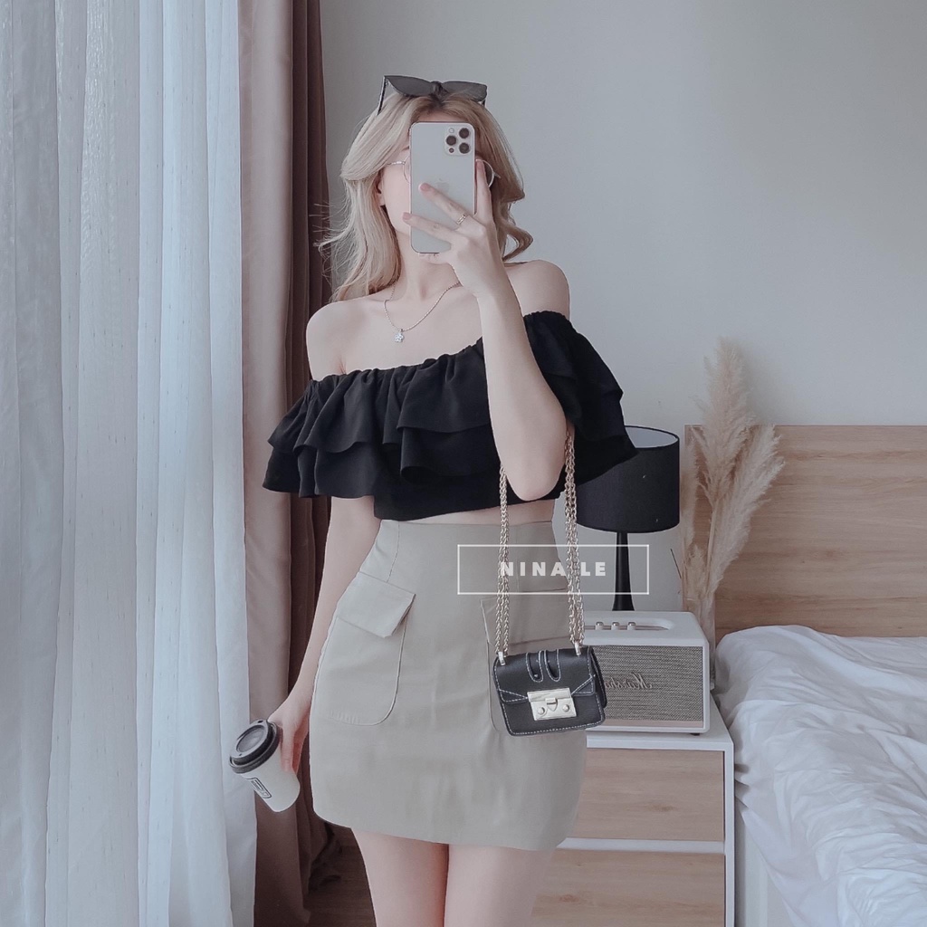 SET ÁO BẸT VAI ĐEN BÈO + CHÂN VÁY TÚI NẮP KEM