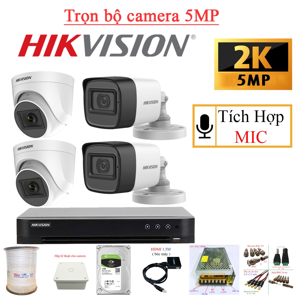 Trọn bộ Camera HIKVISION 5Mp 4 mắt [ Tíc Hợp Mic ] -  Chính hãng, đầy đủ phụ kiện, bảo hành 24 tháng